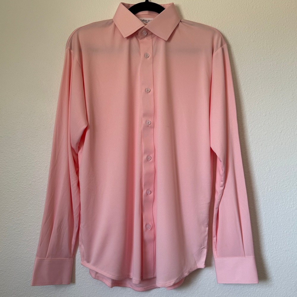 Collars & Co Mens Dress Collar Polo Shirt Pink Long Sleeve Button Down Small